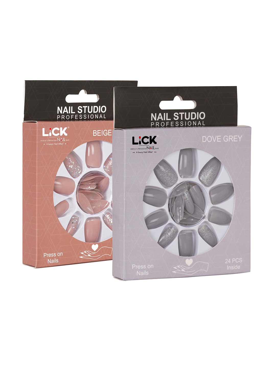 

LICK Combo Of 2 Reusable Artificial False Acrylic Press on Nails With Quick Dry Nail Glue - 24, 28, Grey