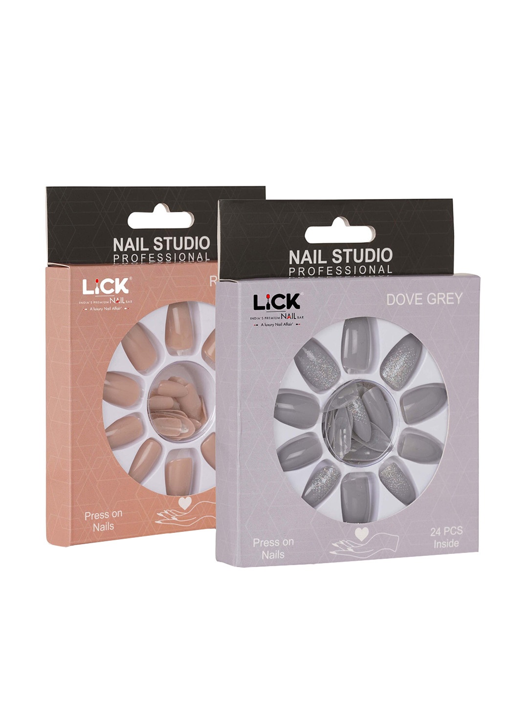 

LICK Set Of 2 False Fake Reusable Acrylic Press on Nails With Quick Dry Nail Glue - Dove Grey, Rose Beige