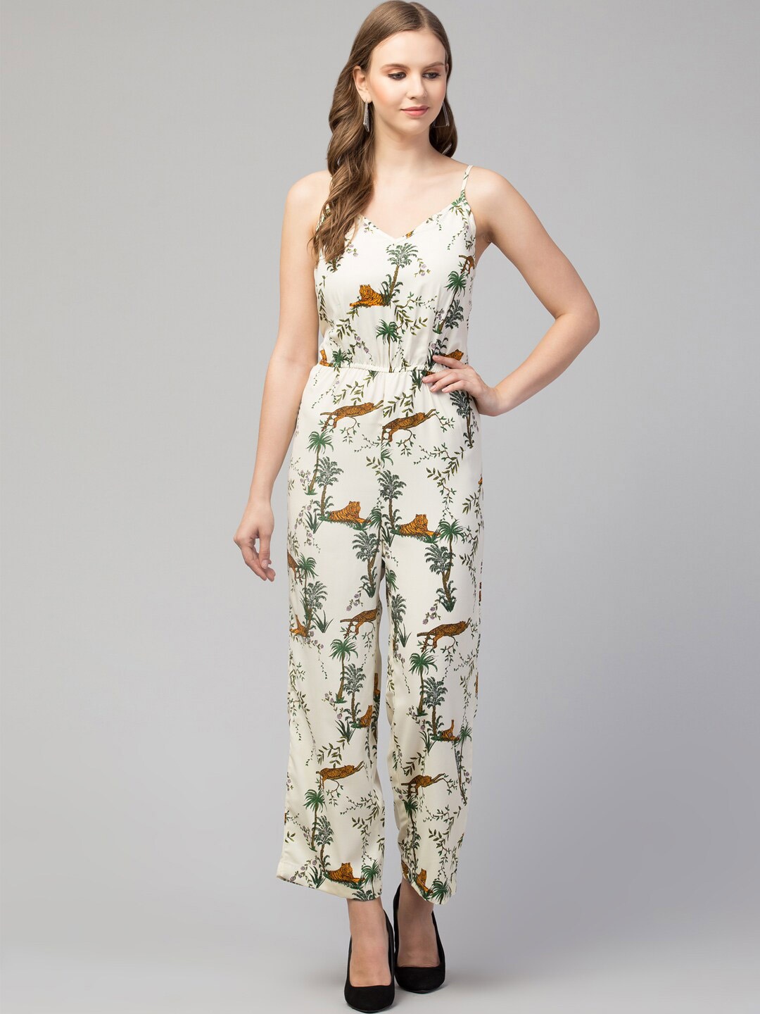 

SQew White & Brown Printed Basic Jumpsuit