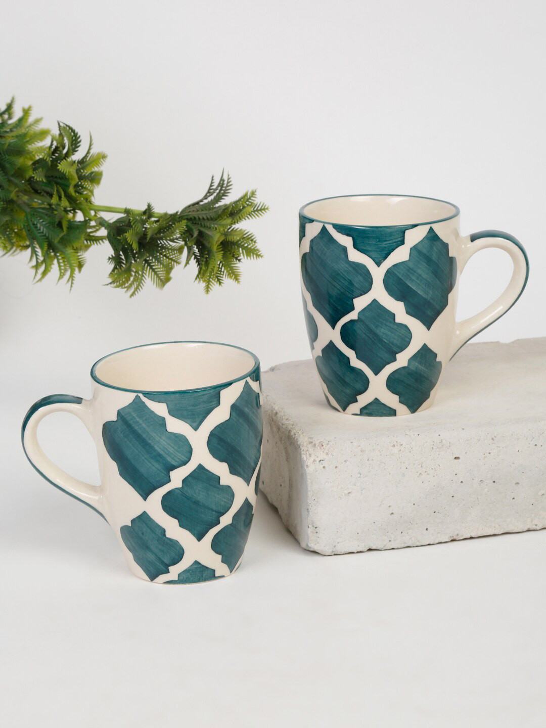 

EK BY EKTA KAPOOR Blue & Off White Pack Of 2 Printed Handcrafted Ceramic Cups 200 ml