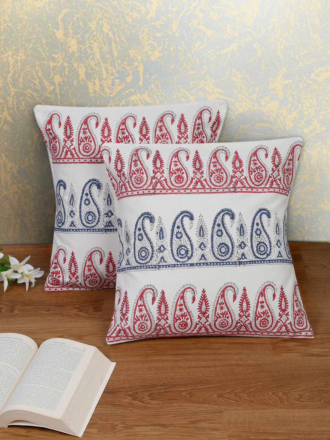

EK BY EKTA KAPOOR Pack Of 2 White & Blue Cotton Hand Block Print Cushion Covers