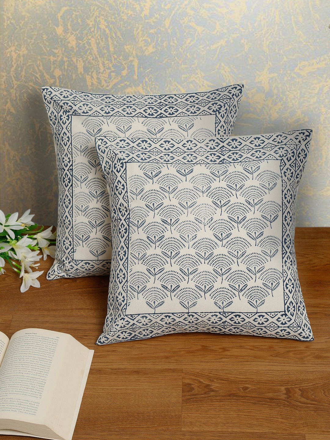 

EK BY EKTA KAPOOR Pack Of 2 White & Blue Cotton Hand Block Print Cushion Covers