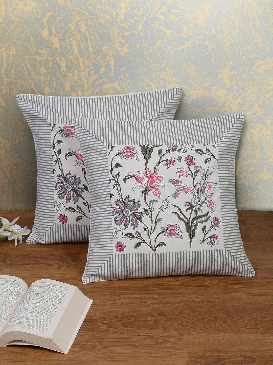 

EK BY EKTA KAPOOR Pack Of 2 White & Grey Cotton Hand Block Print Cushion Covers