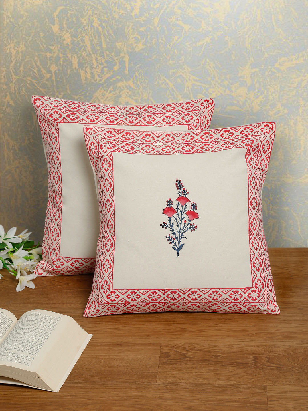 

EK BY EKTA KAPOOR Pack Of 2 White & Red Cotton Hand Block Print Cushion Covers