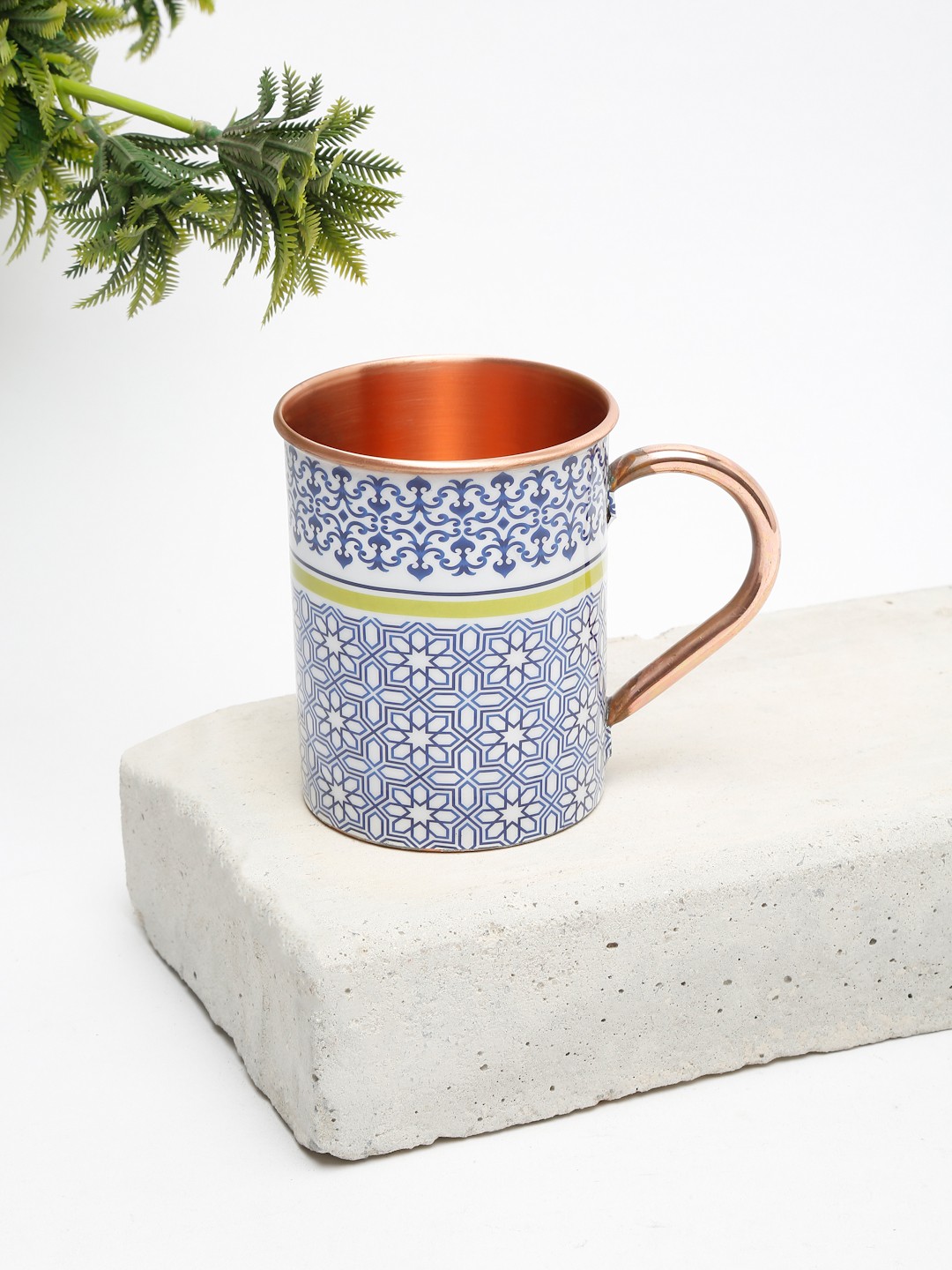 

EK BY EKTA KAPOOR White & Blue Ethnic Motifs Glossy Printed Copper Mug 350 ML