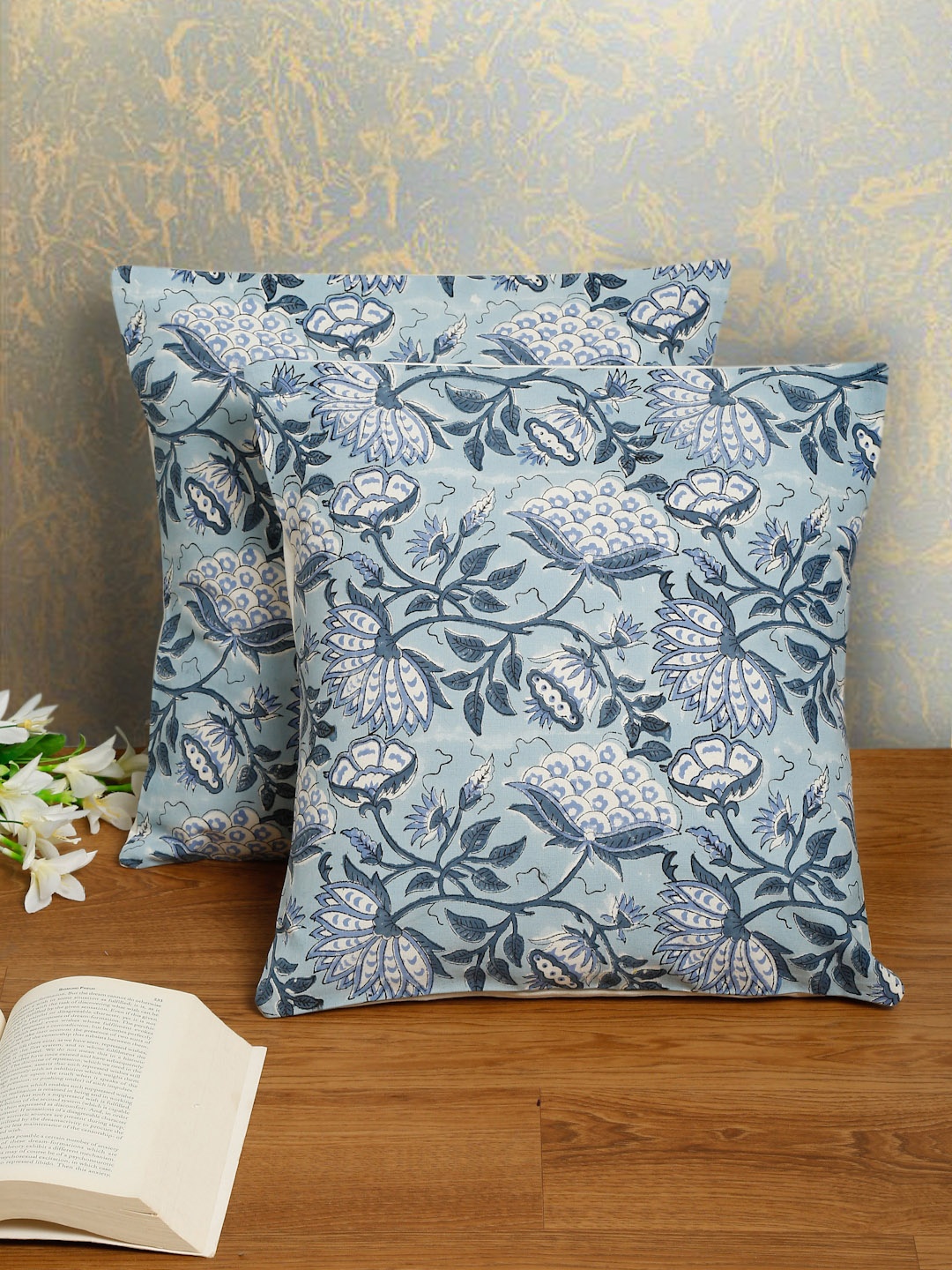 

EK BY EKTA KAPOOR Set of 2 Blue & White Cotton Block Printed Square Cushion Covers