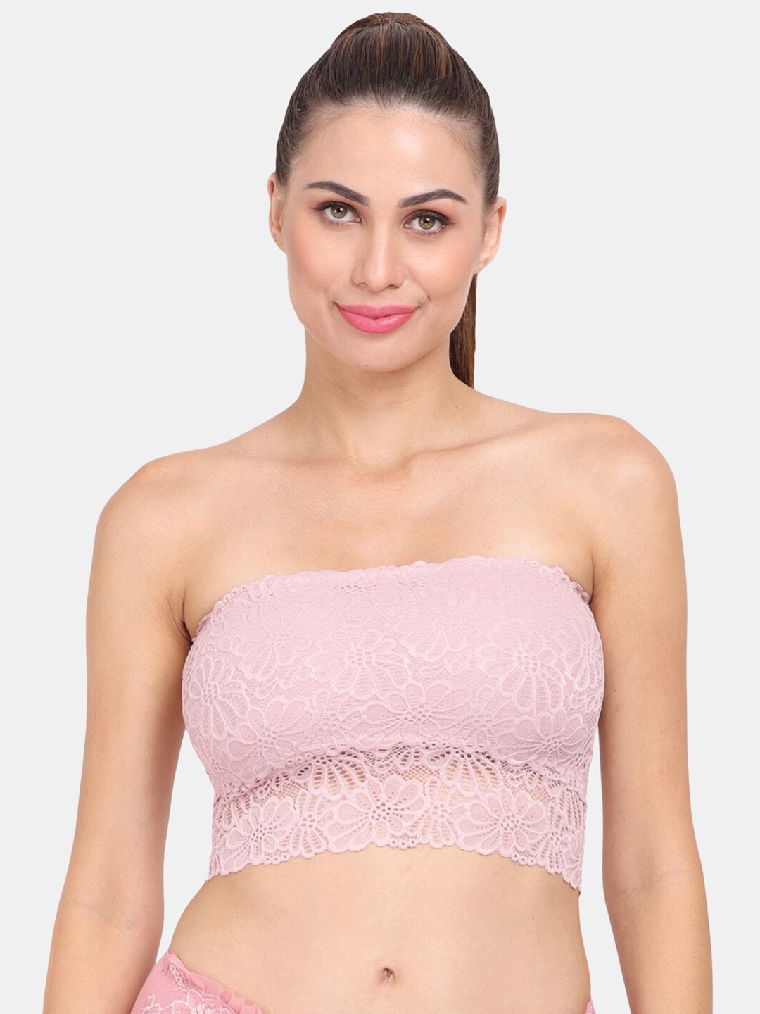 

Amour Secret Pink Floral Lightly Padded Strapless Lace Bandeau Bra