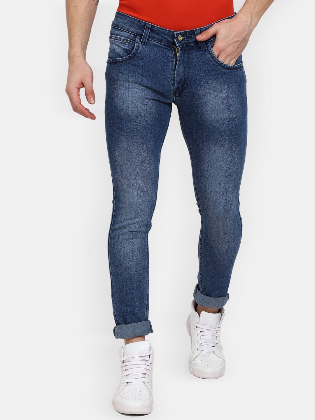 

V-Mart Men Blue Classic Slim Fit Light Fade Mid-Rise Cuffed Hem Cotton Jeans
