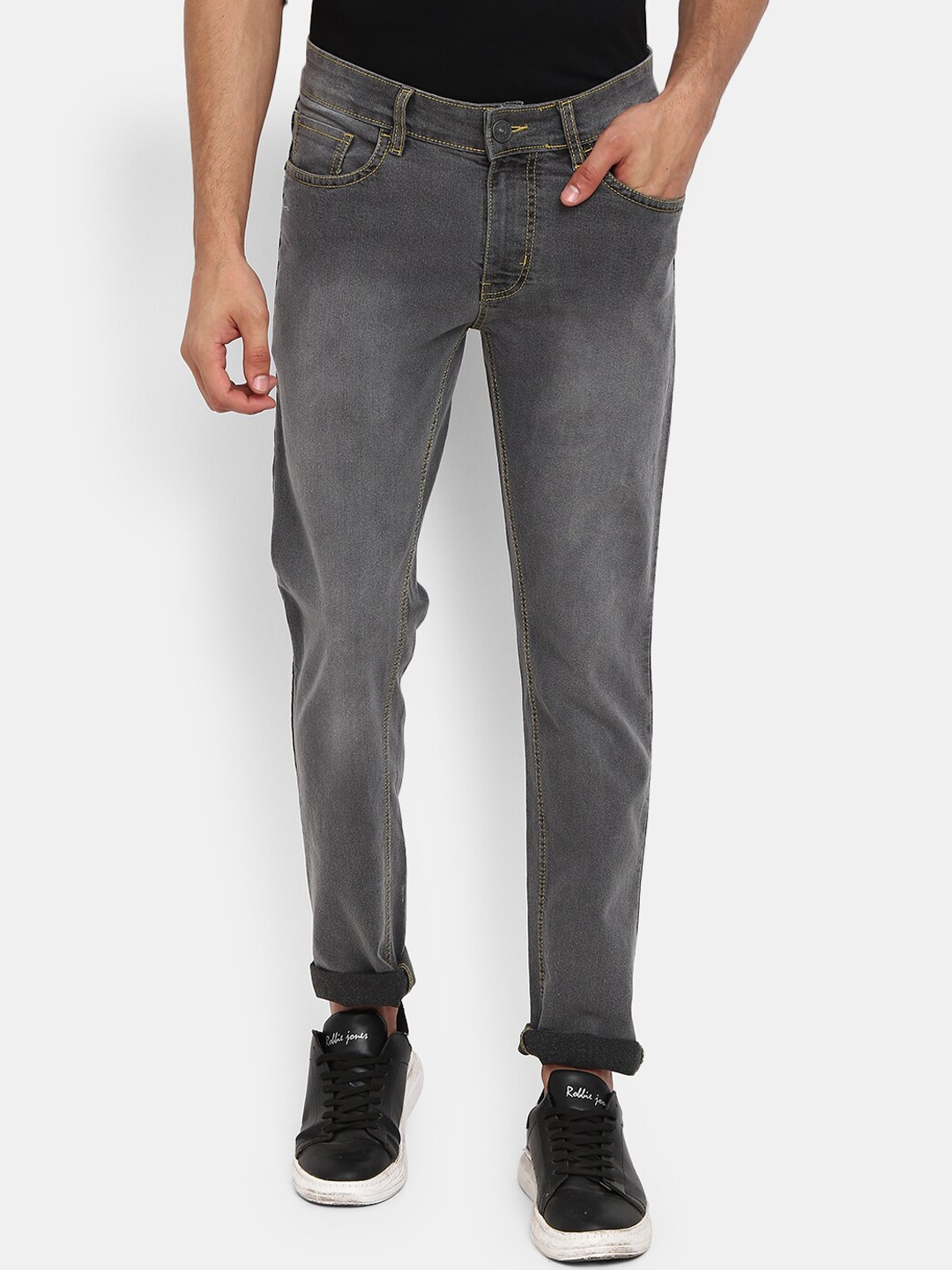 

V-Mart Men Classic Slim Fit Heavy Fade Cuffed Hem Cotton Jeans, Grey