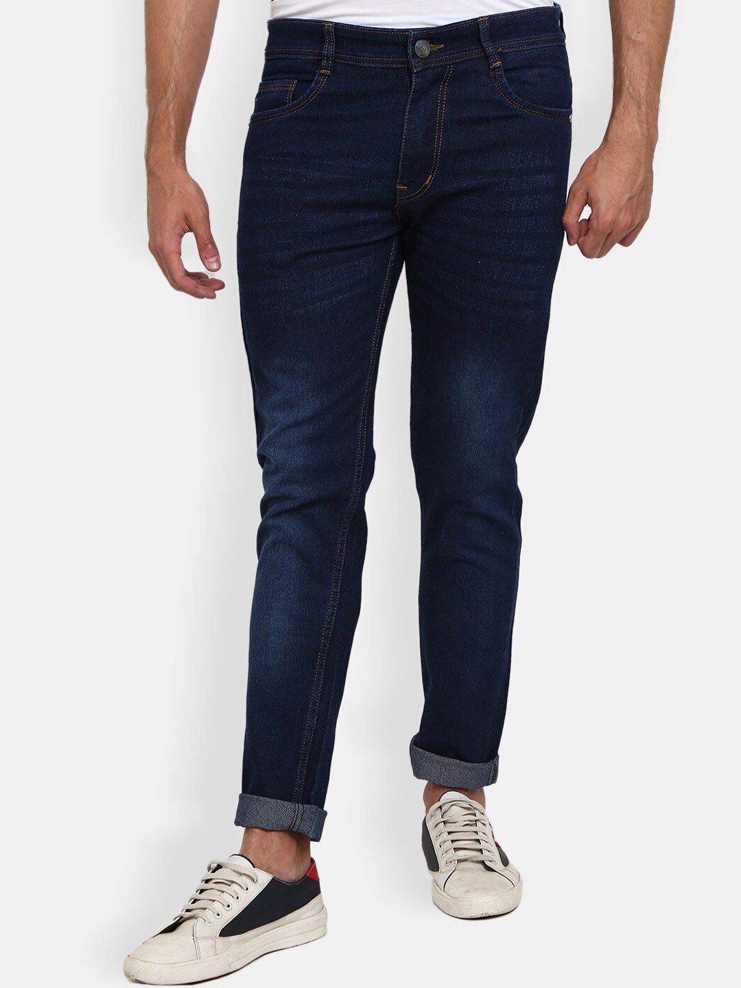 

V-Mart Men Classic Slim Fit Light Fade Cuffed Hem Cotton Jeans, Blue