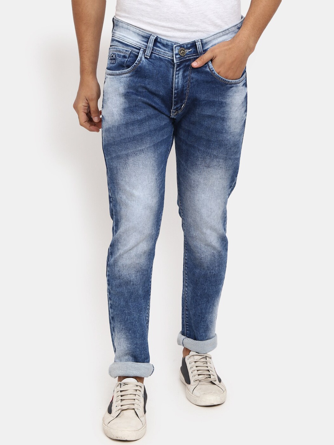 

V-Mart Men Blue Classic Slim Fit Heavy Fade Cuffed Hem Cotton Jeans