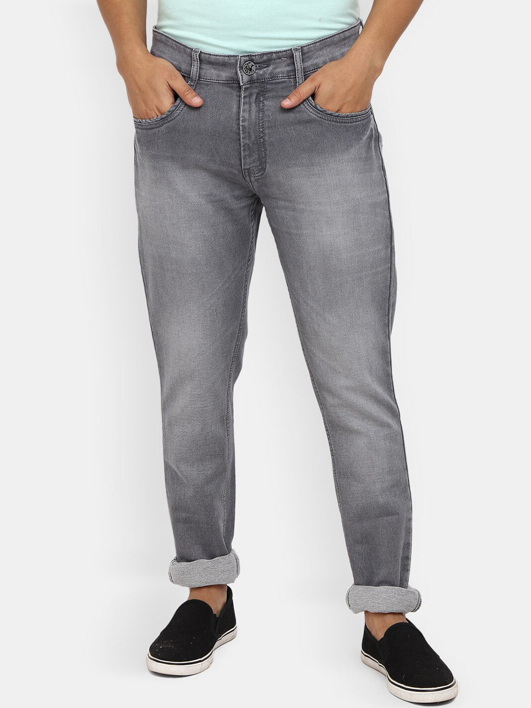 

V-Mart Men Grey Classic Slim Fit Heavy Fade Cuffed Hem Cotton Jeans