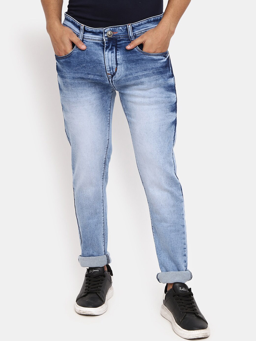 

V-Mart Men Blue Classic Slim Fit Heavy Fade Cuffed Hem Cotton Jeans