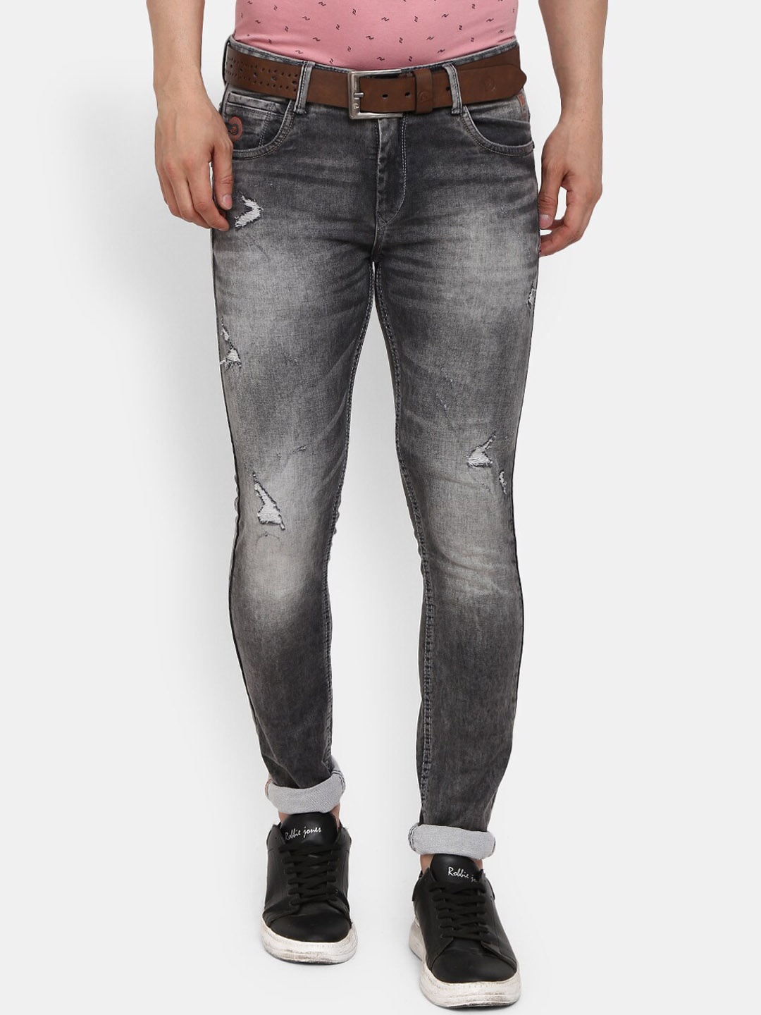 

V-Mart Men Grey Classic Slim Fit Mildly Distressed Heavy Fade Cuffed Hem Jeans