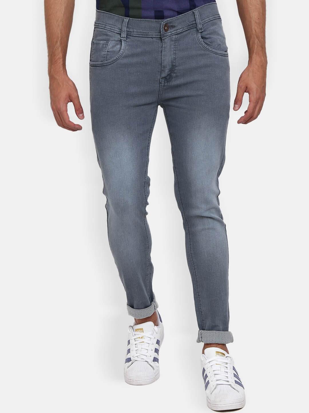 

V-Mart Men Classic Slim Fit Clean Look Heavy Fade Cuffed Hem Cotton Jeans, Grey