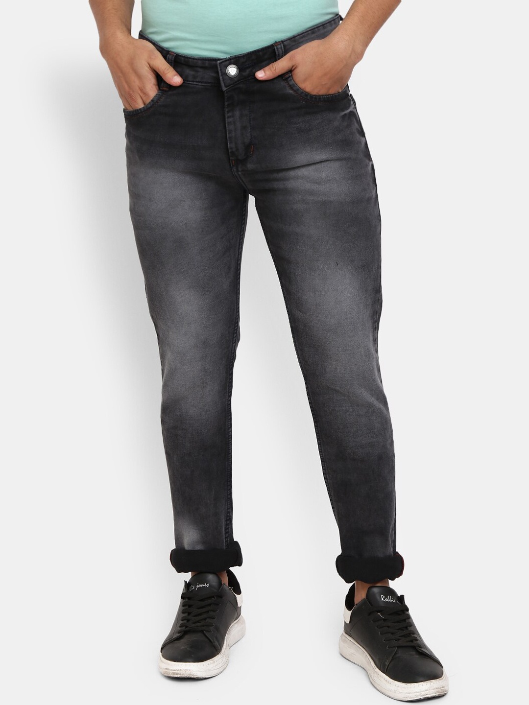

V-Mart Men Grey Classic Slim Fit Heavy Fade Cotton Jeans, Black