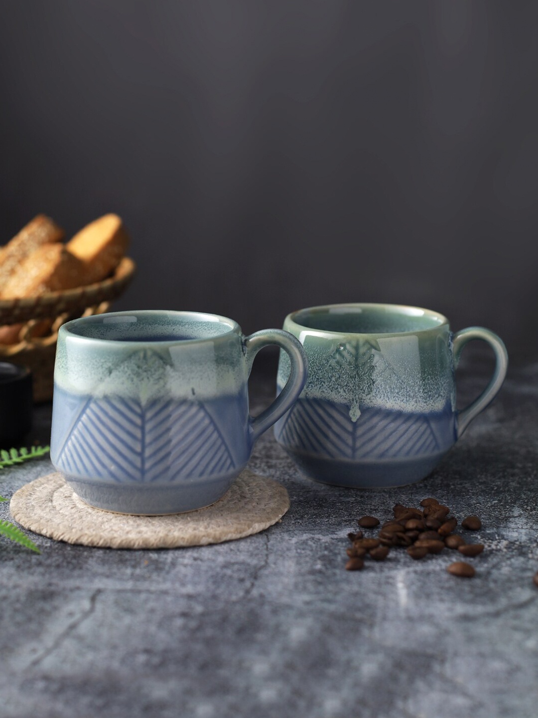 

Aapno Rajasthan Blue & Green Set Of 2 Microwave Safe Ceramic Coffee Mugs 300 ml Each