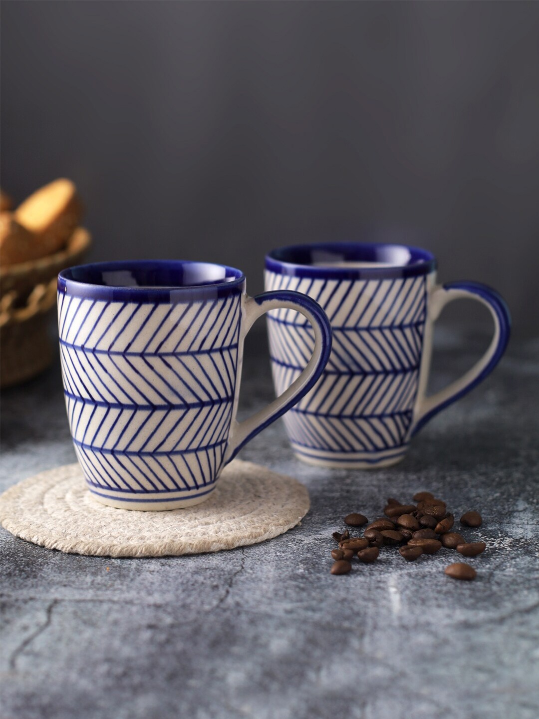 

Aapno Rajasthan Blue & White Set Of 2 Microwave Safe Ceramic Coffee Mugs 280 ml Each