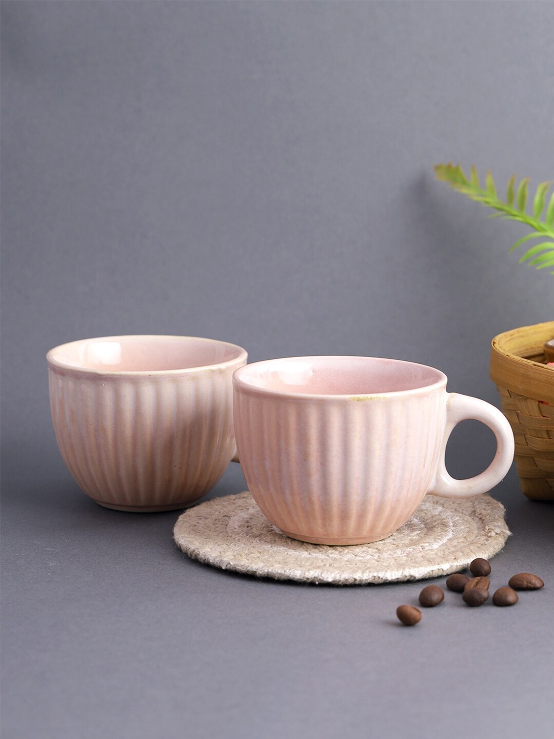 

Aapno Rajasthan Pink Set Of 2 Microwave Safe Ceramic Glossy Cups and Saucers 140 ml Each