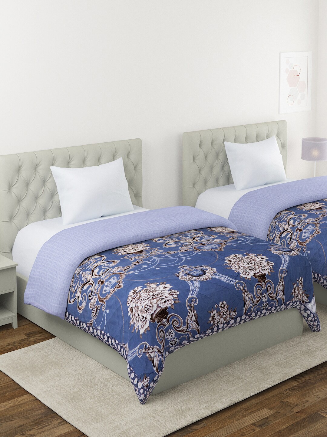 

A Homes Grace Blue & White Set of 2 Floral Microfiber AC Room 120 GSM Single Bed Comforter
