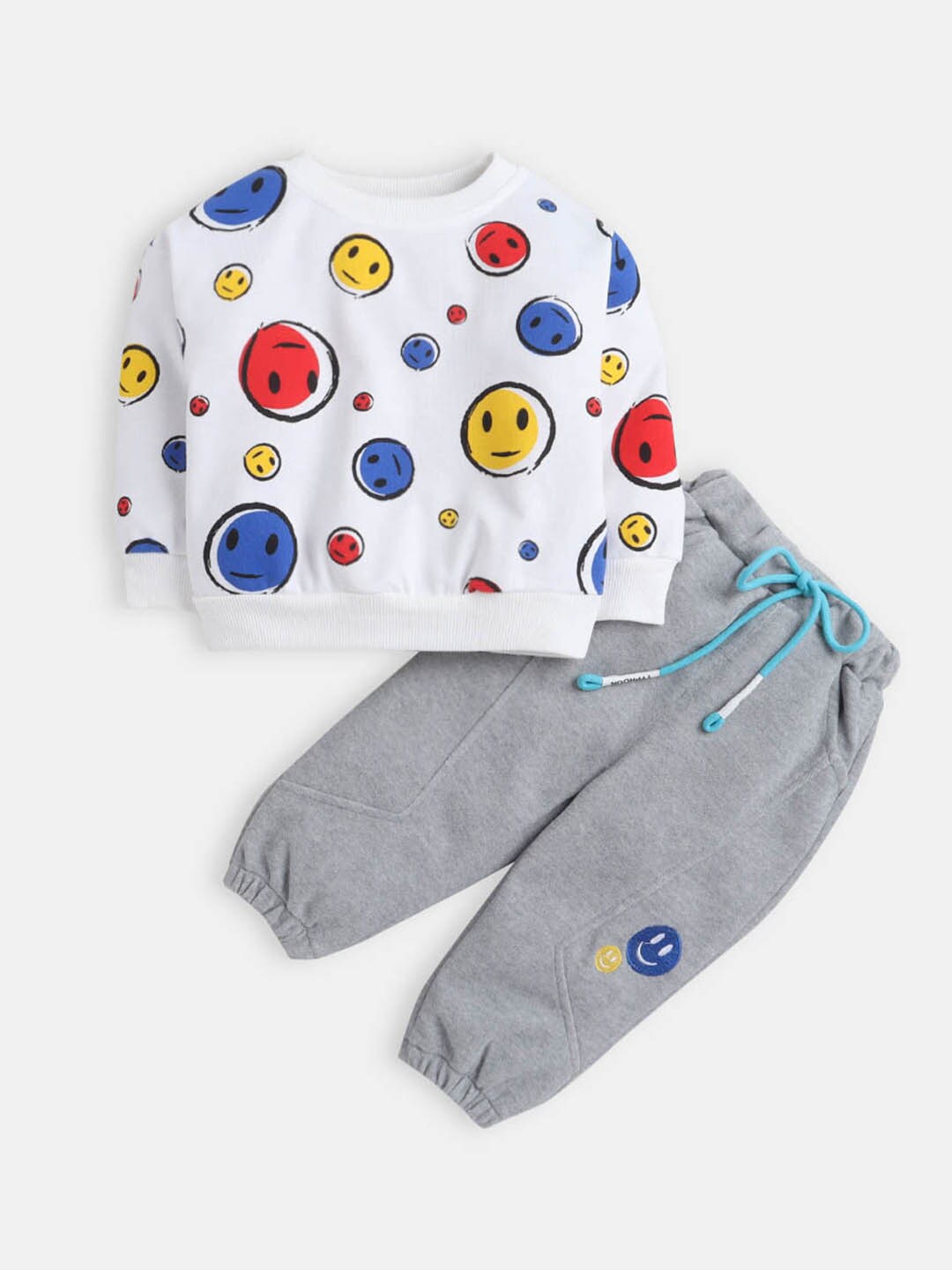 

Hopscotch Unisex Kids White & White Printed T-shirt with Trousers