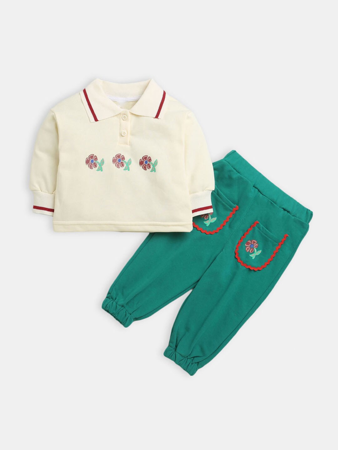 

Hopscotch Girls Green & Cream-Coloured Printed T-shirt With Pyjamas