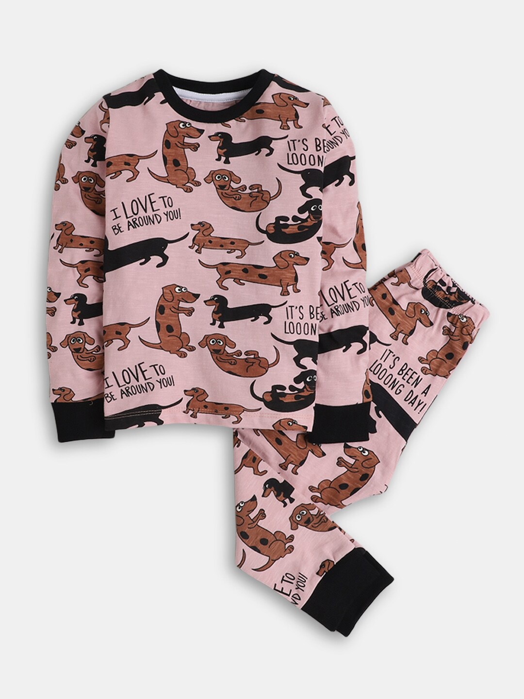 

Hopscotch Girls Pink & Black Cotton Printed Top With Pyjamas