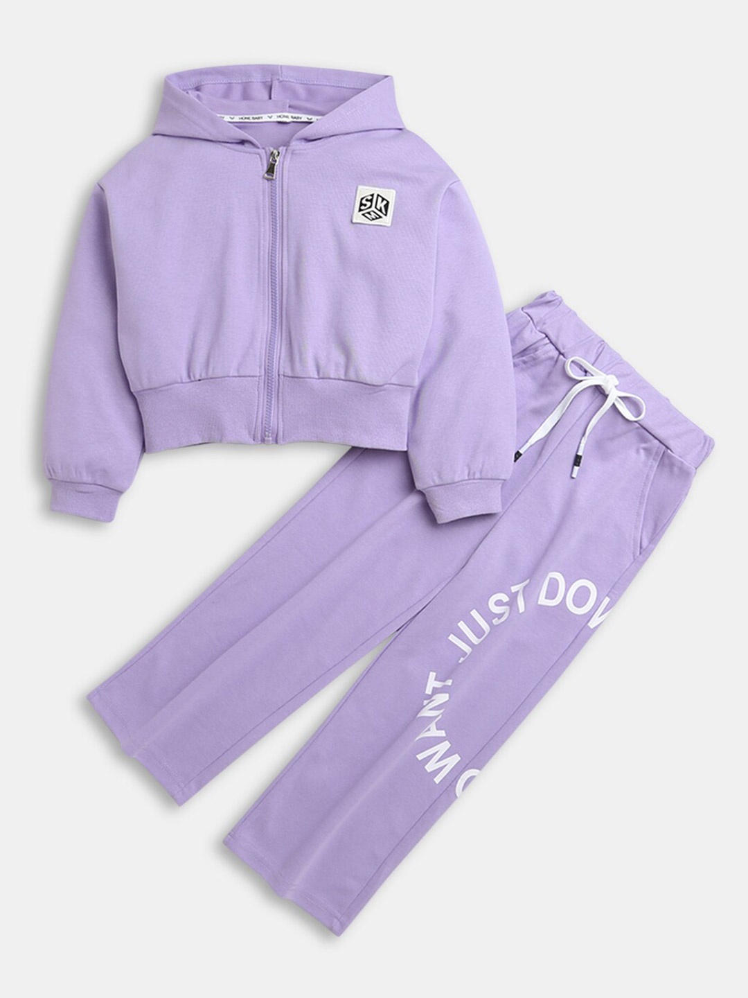 

Hopscotch Girls Purple & White Pure Cotton Printed Hooded T-shirt With Trousers