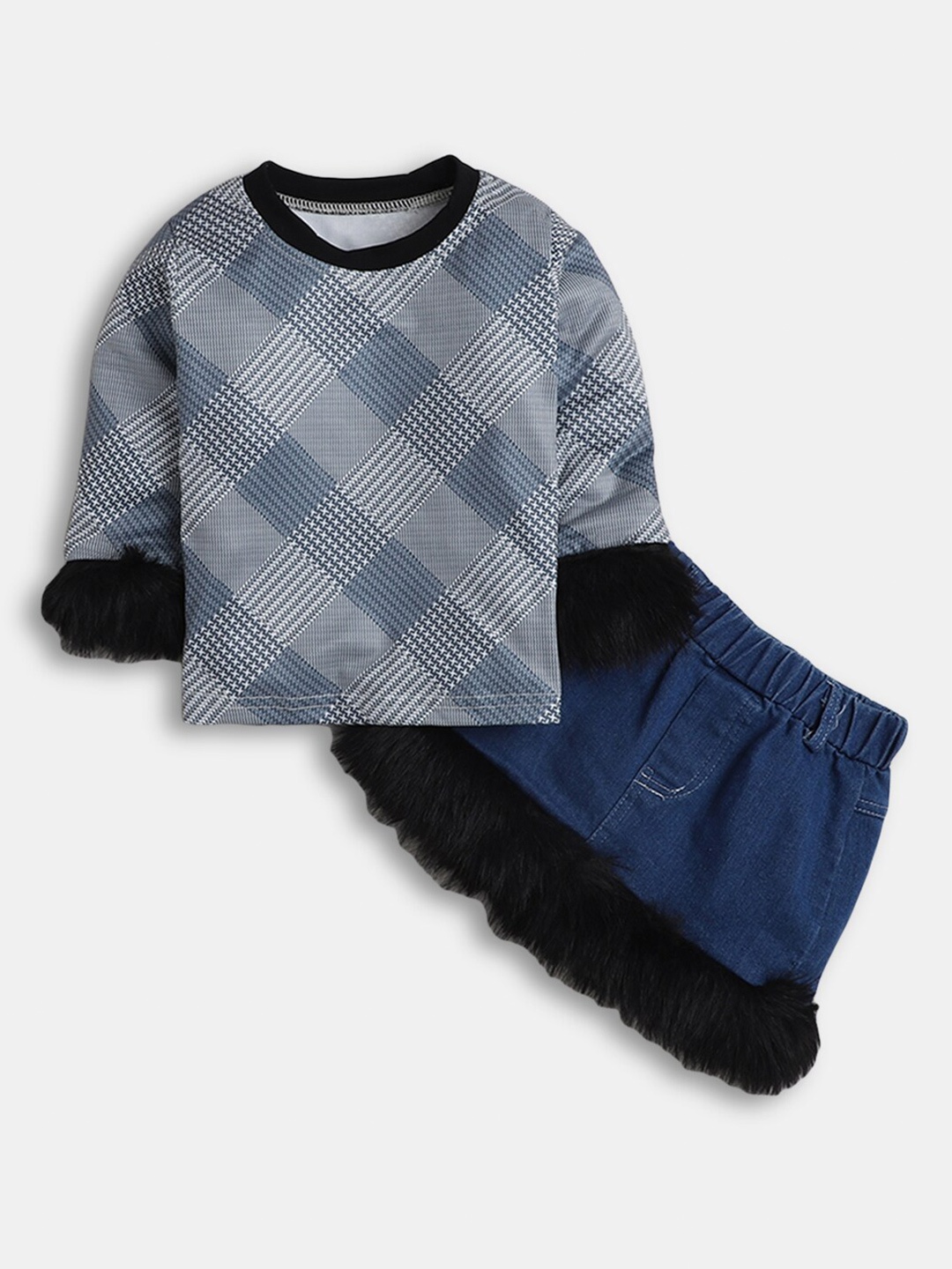 

Hopscotch Girls Blue & Black Printed Tunic With Skirt