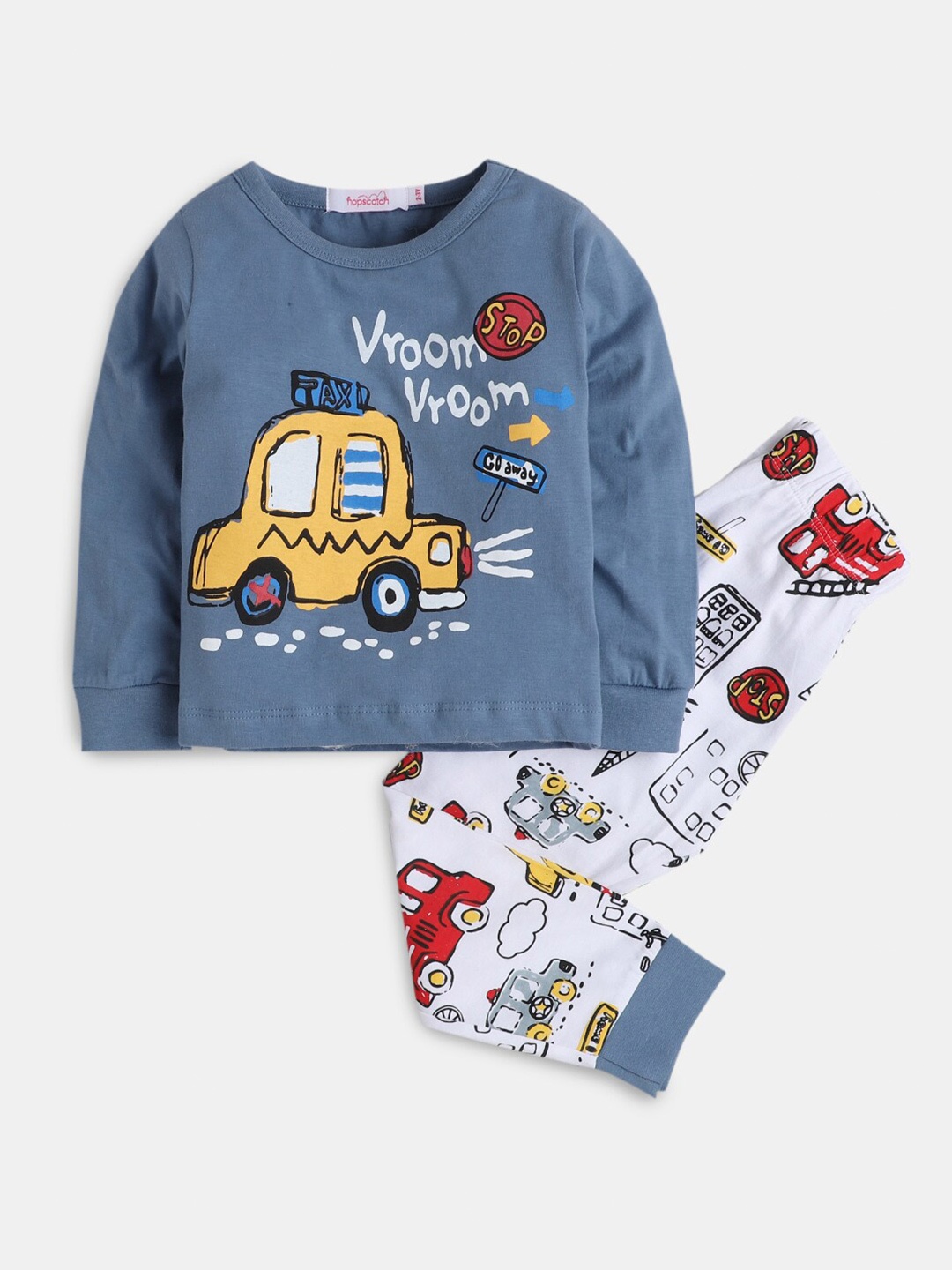 

Hopscotch Boys White & Blue Pure Cotton Printed Top With Pyjamas