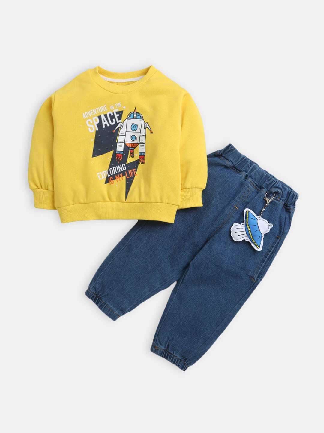

Hopscotch Boys Yellow & Navy Blue Pure Cotton Printed T-shirt With Trousers