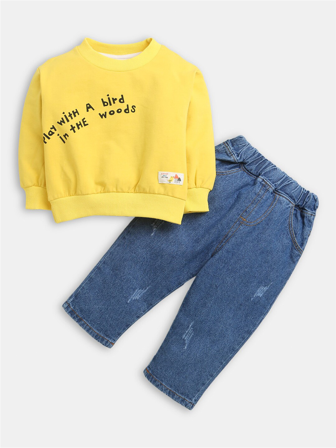 

Hopscotch Boys Yellow & Blue Pure Cotton Printed T-shirt With Trousers