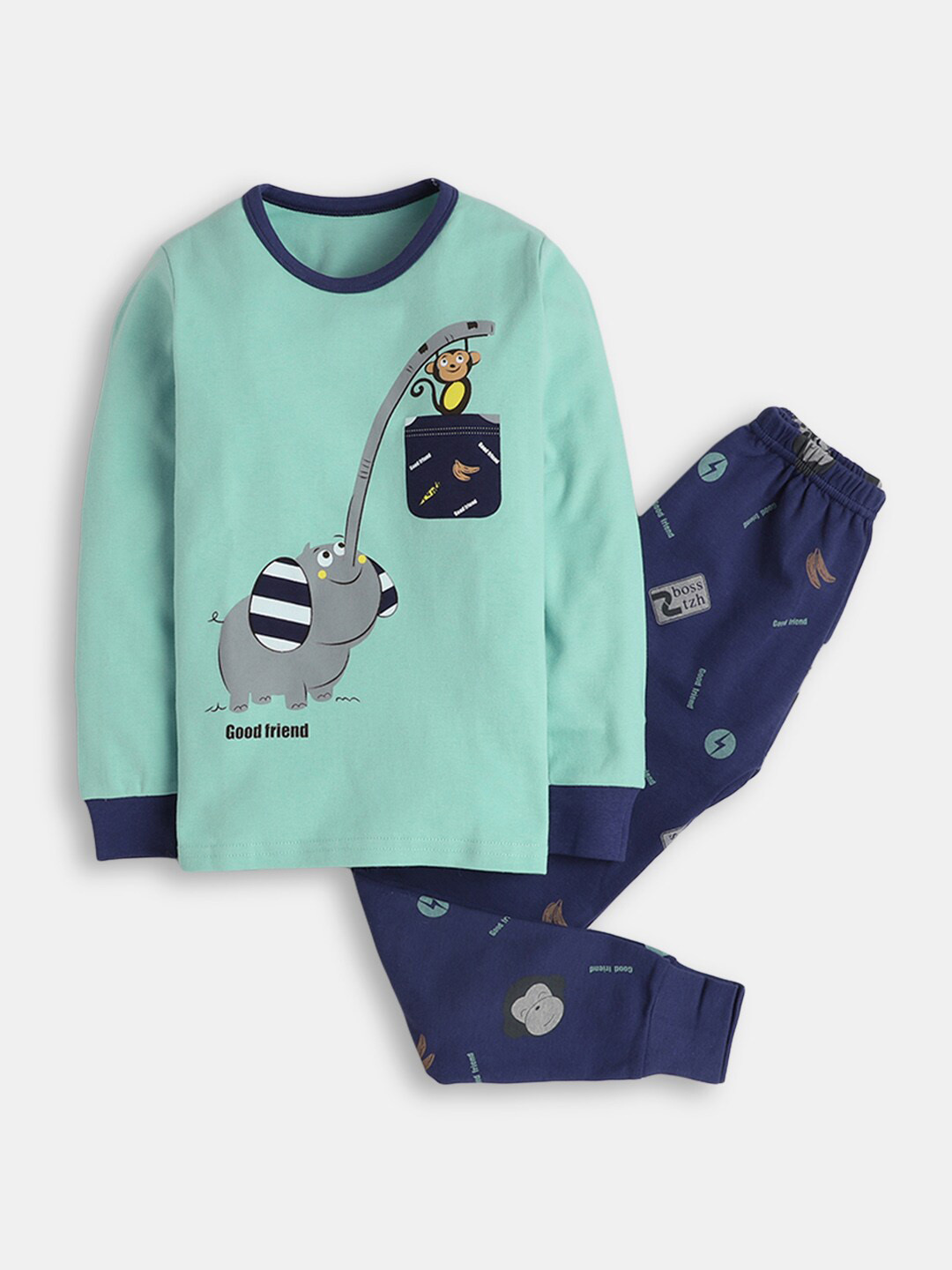 

Hopscotch Boys Blue & Green Pure Cotton Printed Top With Pyjamas