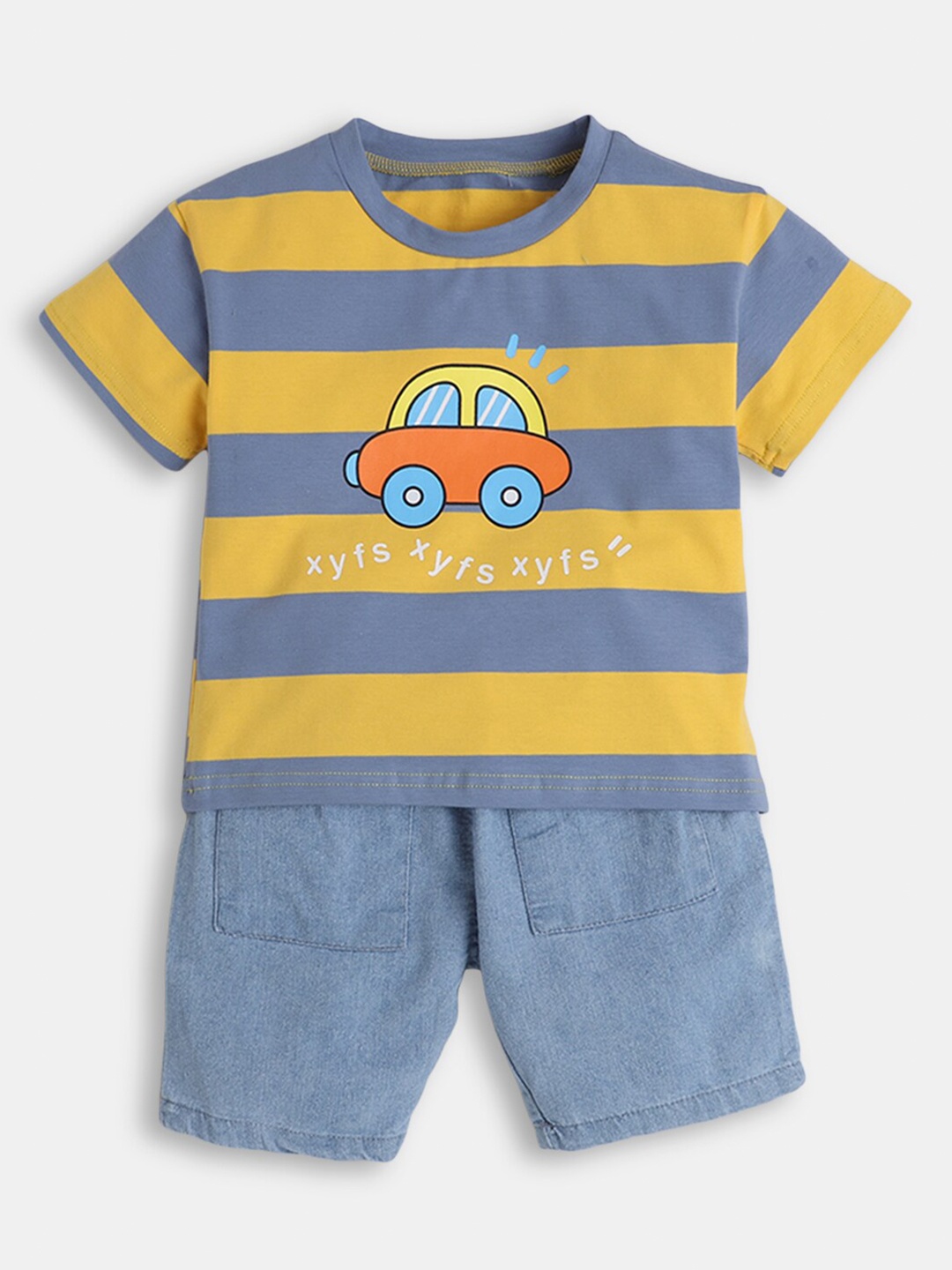 

Hopscotch Boys Yellow & Blue Printed T-shirt with Shorts