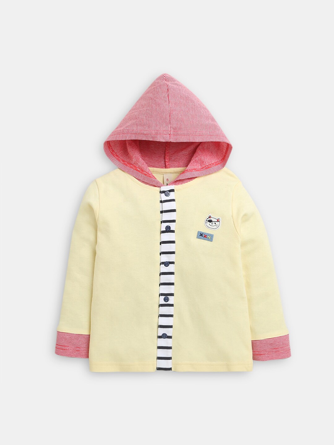 

Hopscotch Kids Yellow & Pink Colourblocked Hooded Cotton Cardigan