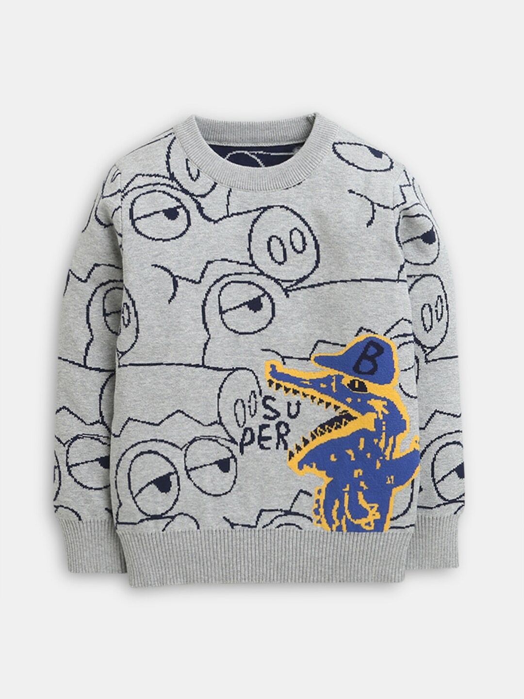 

Hopscotch Boys Grey & Black Printed Round Neck Pullover