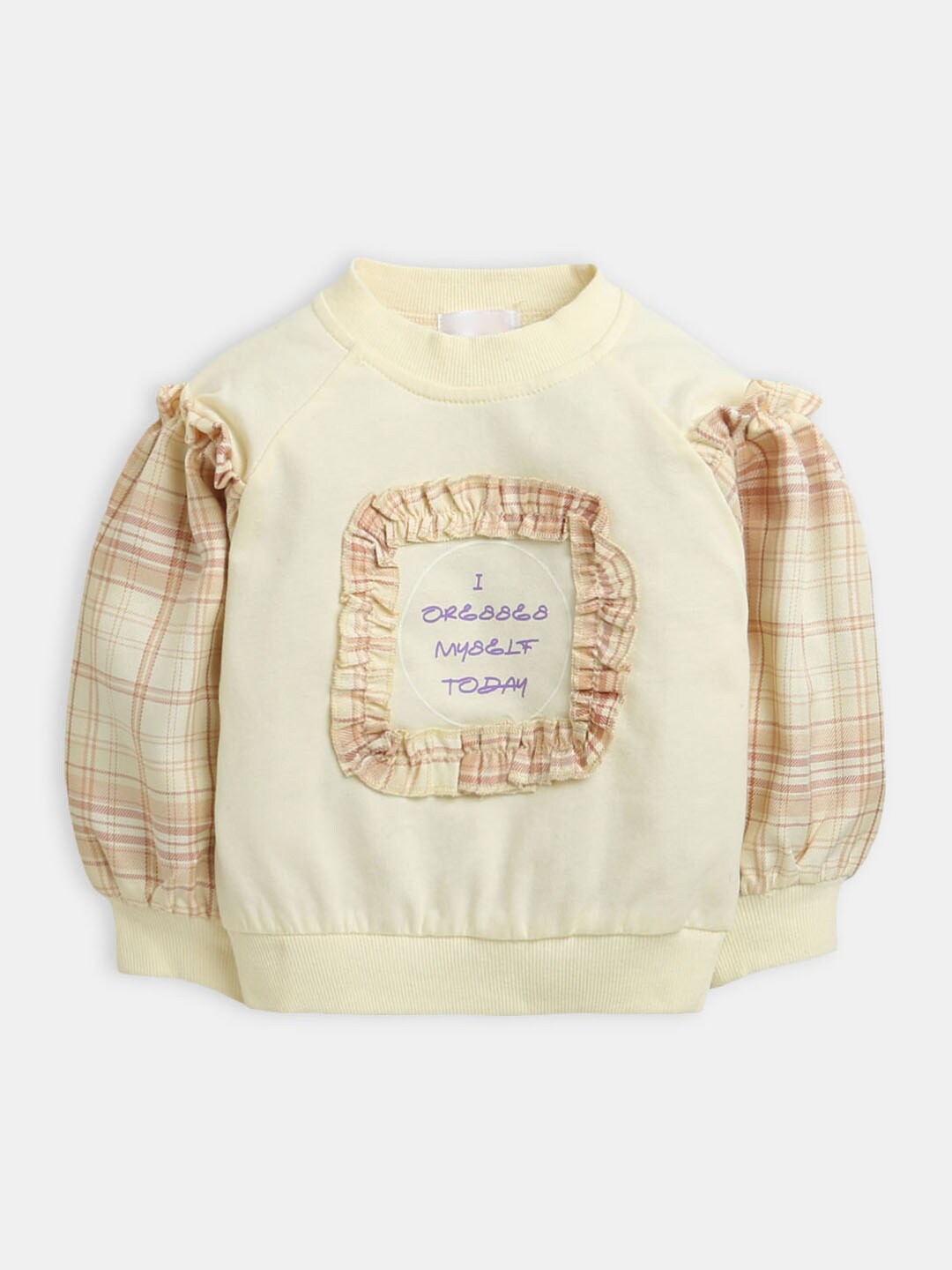 

Hopscotch Girls Beige Checked Ruffled Pure Cotton Sweatshirt