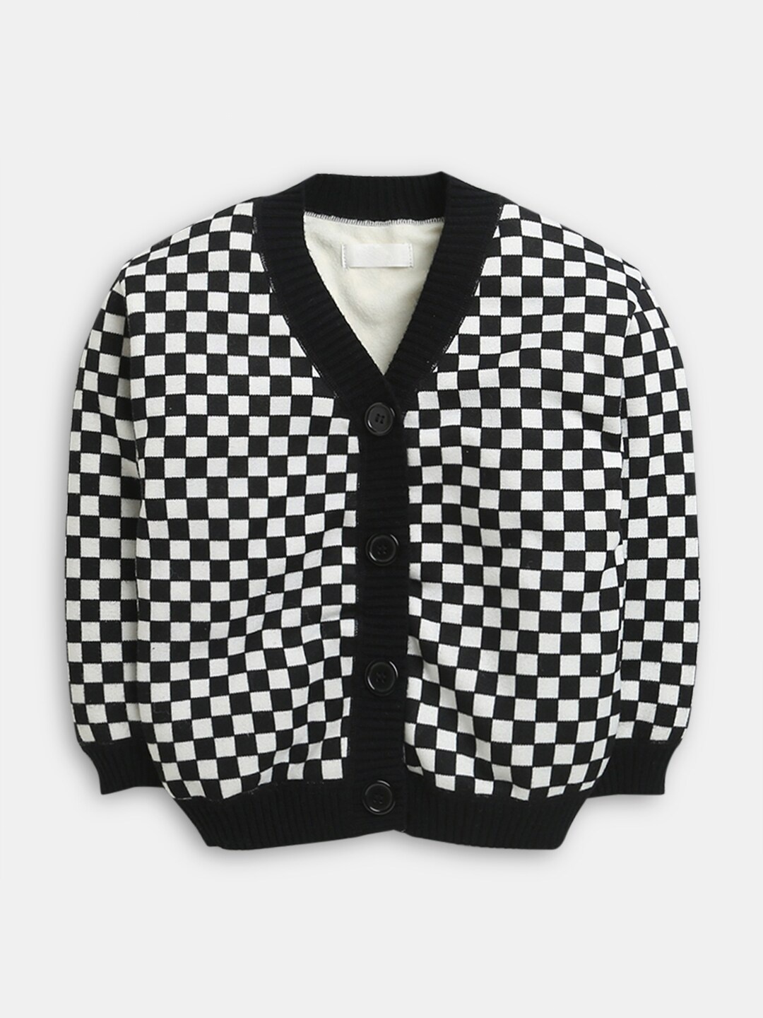 

Hopscotch Girls Black & White V-Neck Checked Pure Cotton Cardigan Sweater