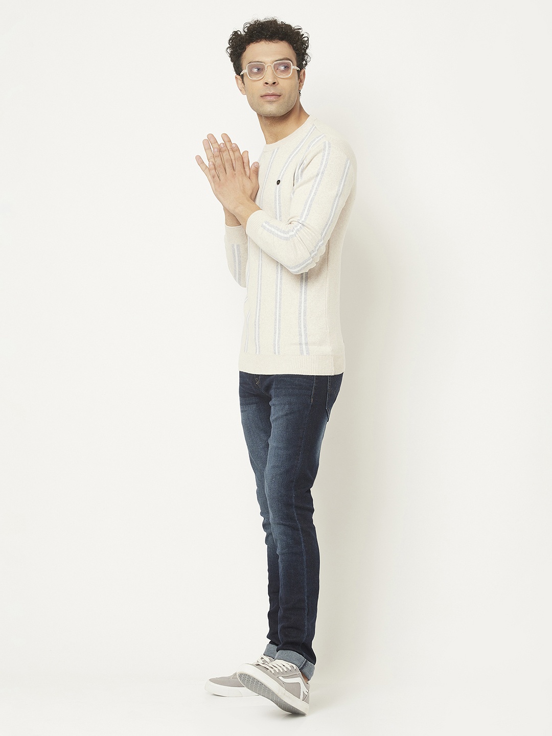 

Crimsoune Club Men Cream-Coloured Striped Cotton Pullover