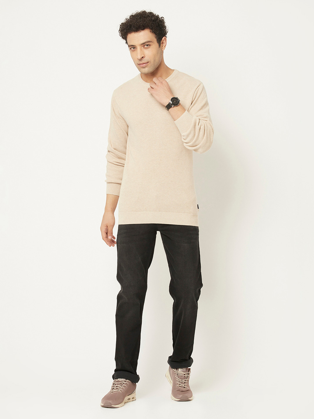 

Crimsoune Club Men Beige Solid Round Neck Pure Cotton Pullover