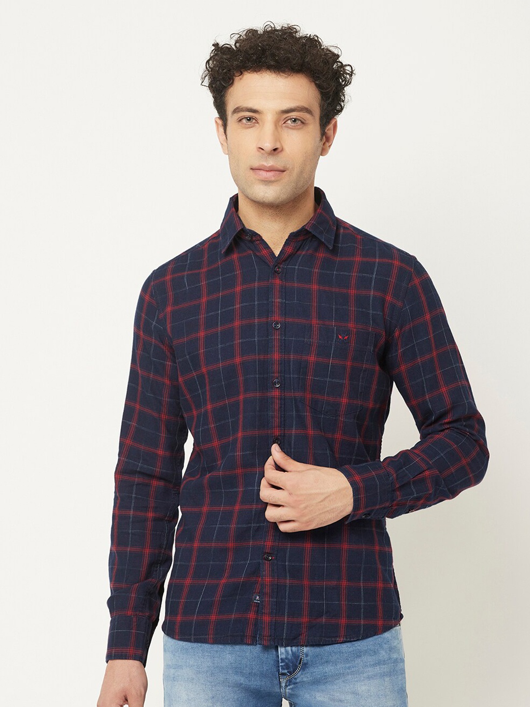 

Crimsoune Club Men Navy Blue Slim Fit Checked Casual Cotton Shirt