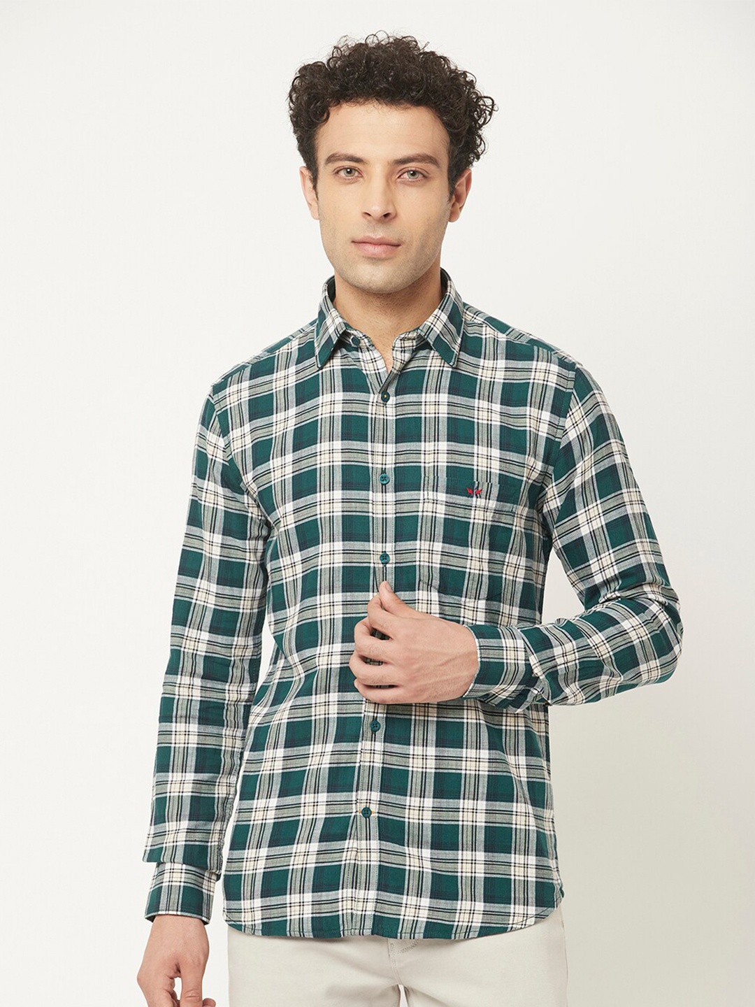 

Crimsoune Club Men Teal Slim Fit Tartan Checked Casual Cotton Shirt