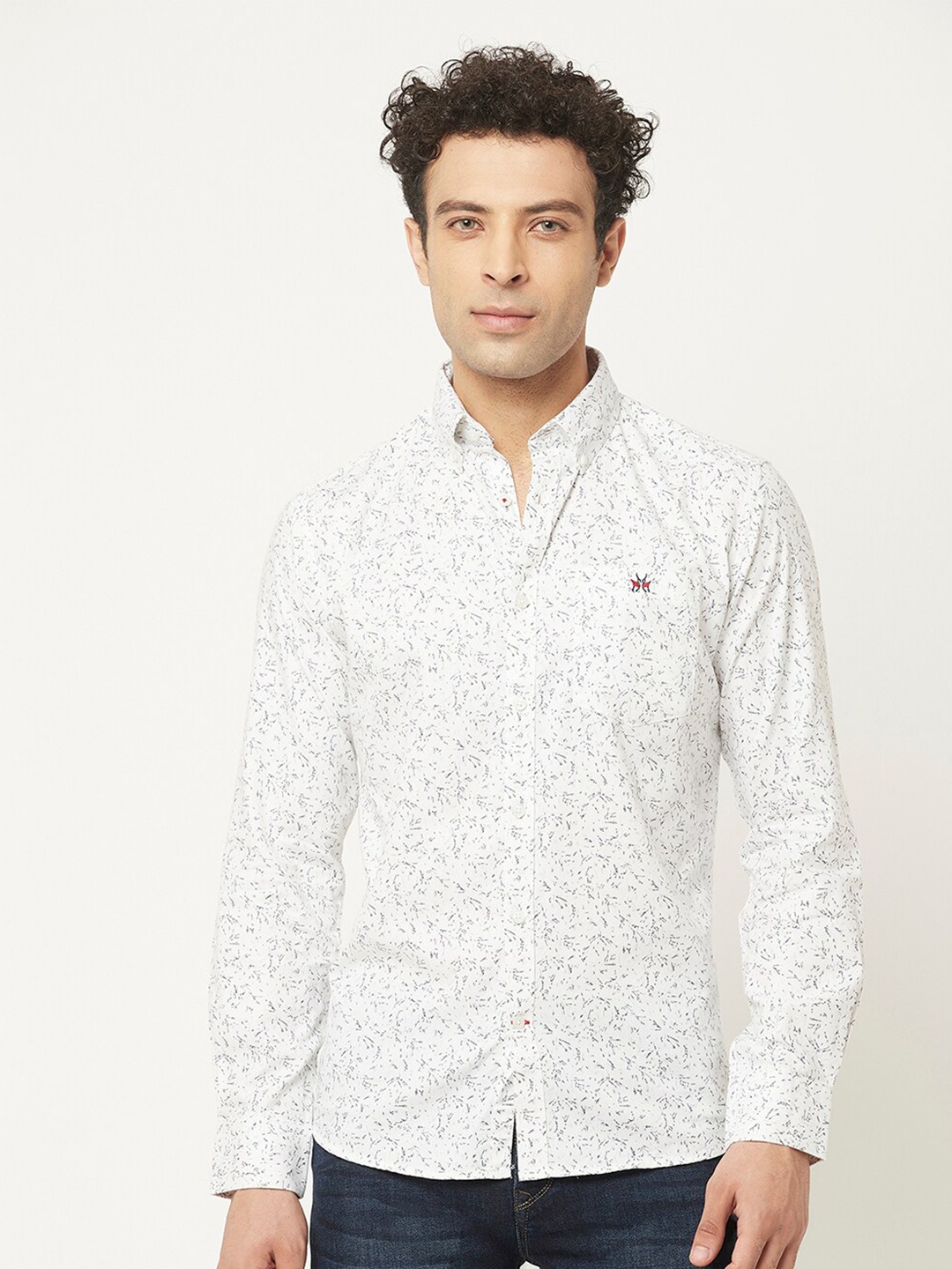 

Crimsoune Club Men Slim Fit Floral Printed Casual Cotton Shirt, White