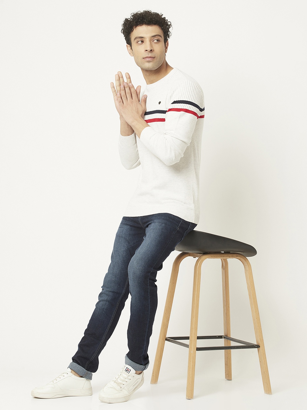 

Crimsoune Club Men White & Black Striped Pure Cotton Pullover
