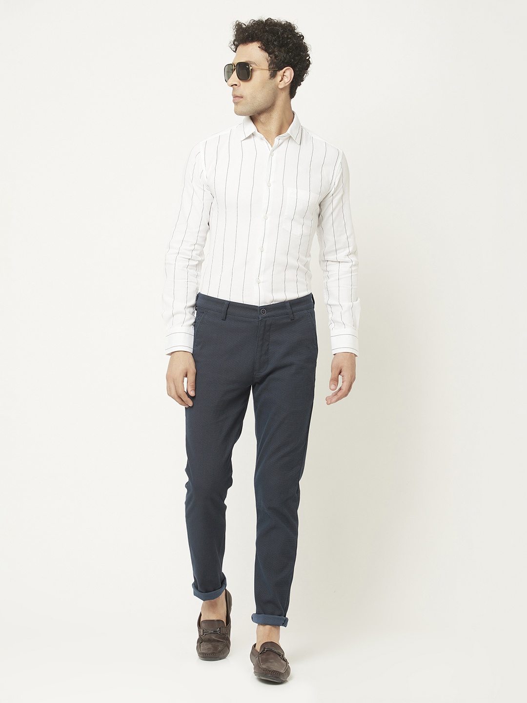 

Crimsoune Club Men White Slim Fit Striped Casual Cotton Shirt