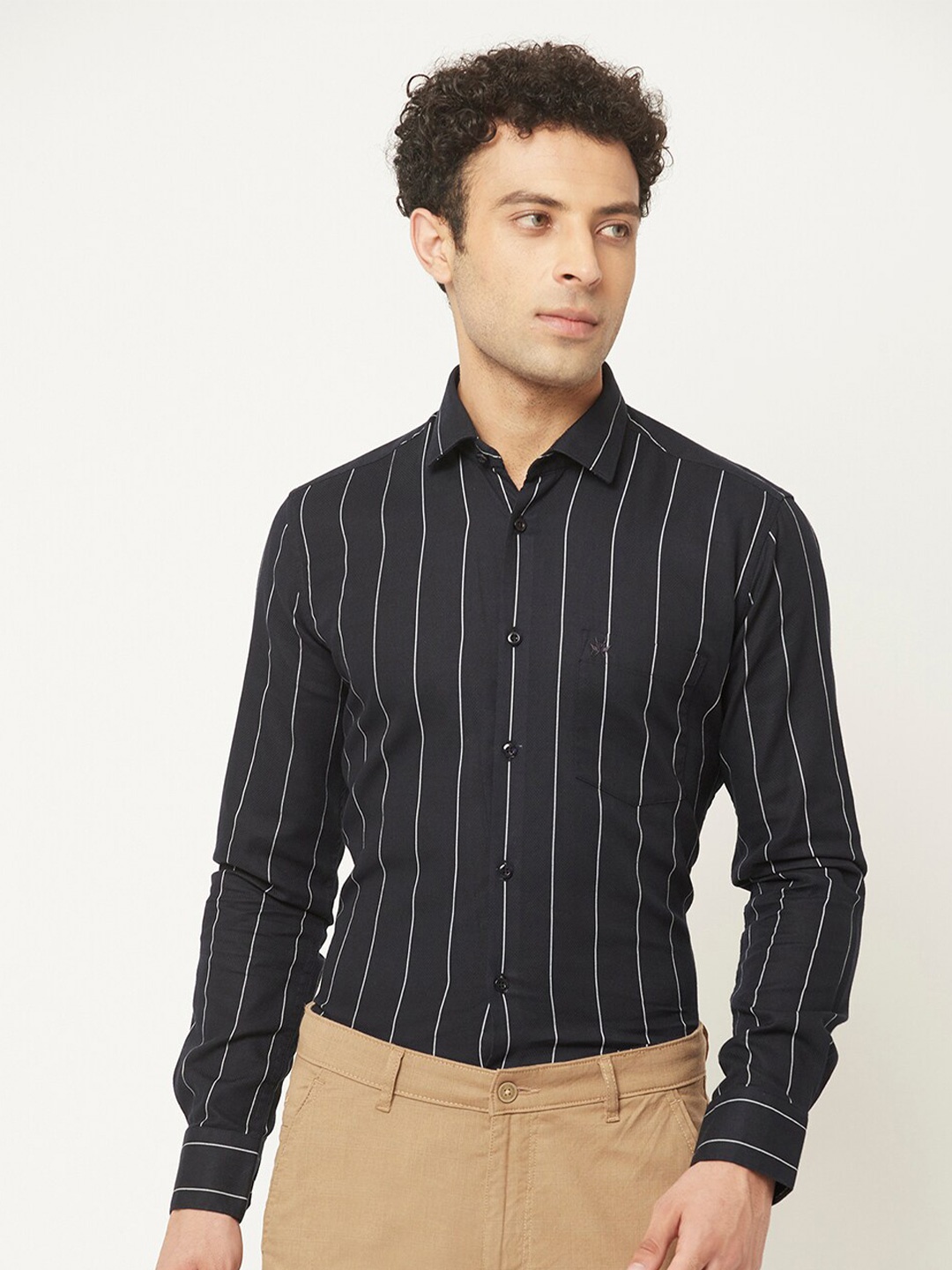 

Crimsoune Club Slim Fit Striped Casual Cotton Shirt, Black
