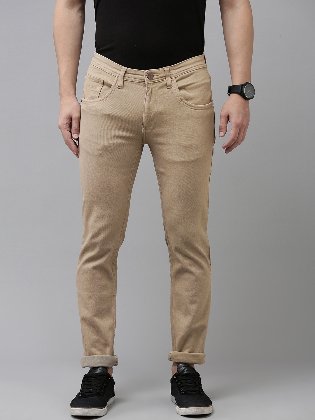 

V Dot Men Skinny Fit Mid Rise Coloured Stretchable Jeans, Khaki
