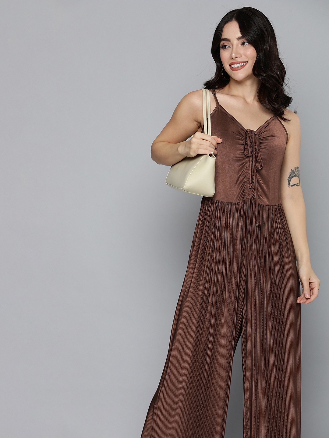 

Mast & Harbour Solid V-Neck Sleeveless Basic Party Jumpsuit, Brown