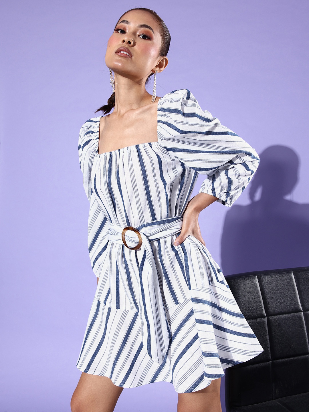 

Mast & Harbour Women Striped A-Line Dress With A Belt, White