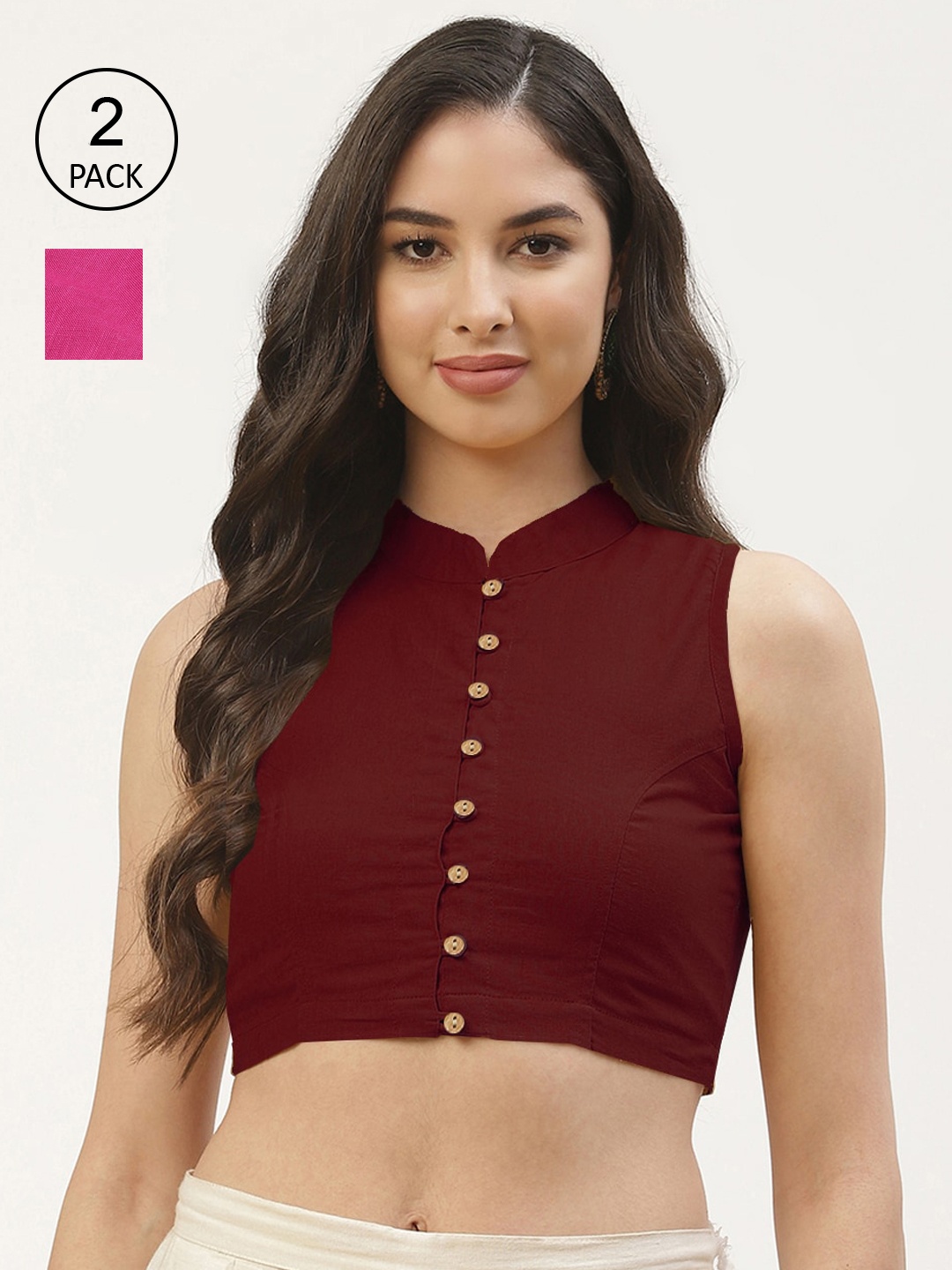 

Molcha Women Pack of 2 Maroon & Pink Cotton Saree Blouse